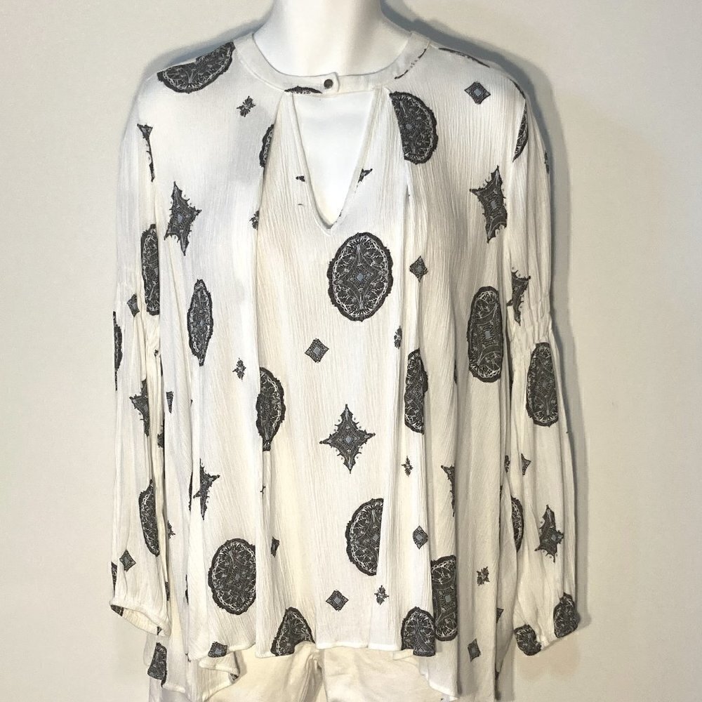 Tunic Ivory & Black print keyhole neckline gauzy flowy top SZ L vintage boho